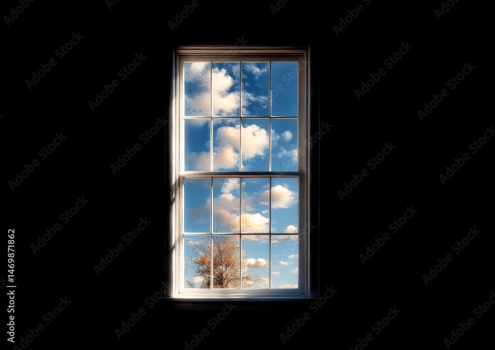 Poster window to a bright day: glimpse of sky, clouds, and a distant tree through a framed opening in darkn