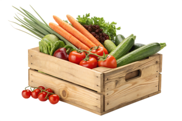 wooden box with vegtables isolated on white background, PNG