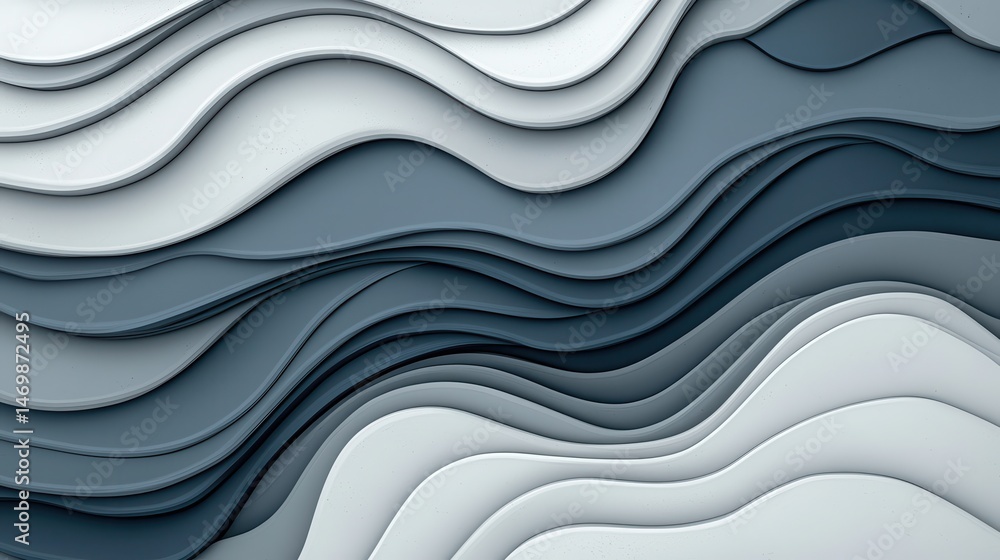 Poster abstract grayscale illustration of layered wavy shapes, creating a three dimensional effect with var