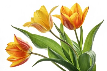 Fototapeta premium yellow orange beautiful tulips leaves isolated on a white background