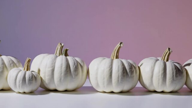 White pumpkins on gradient background transition from row to stack in artistic display