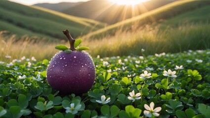 Purple Fruit with Water Droplets in a Sunny Clover Field