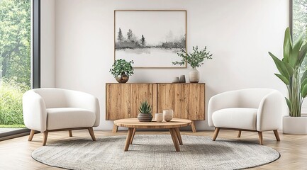 A minimalist modern living room with two armchairs, a coffee table, and wall art in neutral tones. The furniture is placed on an area rug, with large windows showcasing the outdoor landscape. 