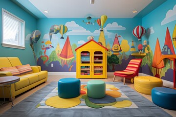Cozy and stimulating kids room interior with playful furniture, vibrant colors, and educational toys, creating a space for learning and fun