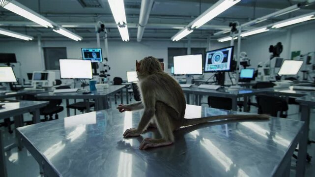 Curious monkey exploring hightech laboratory environment with futuristic screens