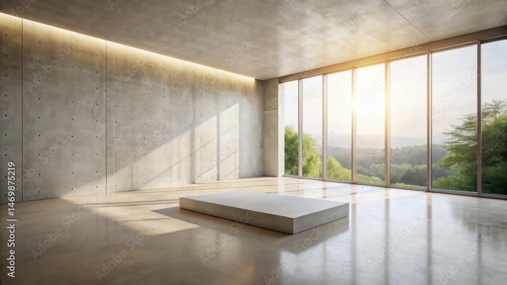 Poster modern minimalist room design featuring a concrete platform and expansive windows offering a serene 