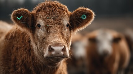 Brown Cow with Digital Lines and Data Points on Face, Standing in Field with Other Cows