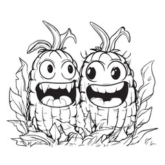 Black And White Illustration Of Cartoon Corn Characters In A Vegetable Patch