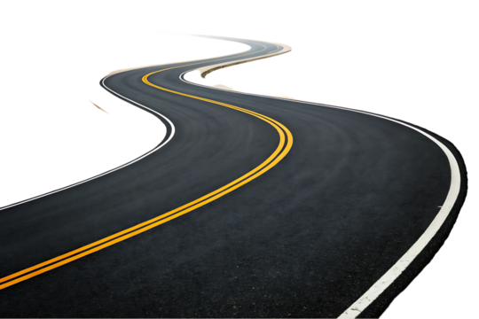 Winding Asphalt Road with Yellow Lines on Transparent Background for Compositing and Creative Design. - Powered by Adobe