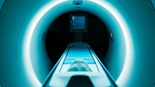 Patient undergoing magnetic resonance imaging scan inside of advanced medical CT scanner machine with digital monitors in hospital for diagnosis