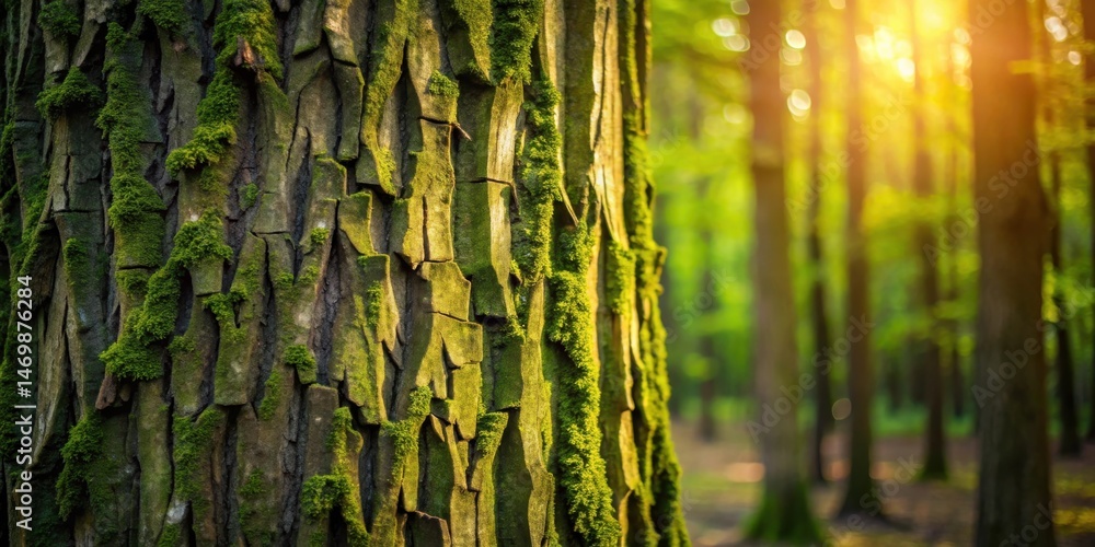 Poster sunlit forest bark texture close-up detail of mossy tree trunk in woodland setting