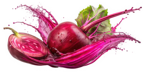 A vibrant beetroot splashes through water, showcasing its rich purple color and fresh greens, creating a dynamic and lively visual perfect for food photography.