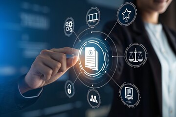 Compliance rules and law regulation policy concept. Businessman touch compliance icons on virtual screen for enforcement of laws, regulations, and standards.