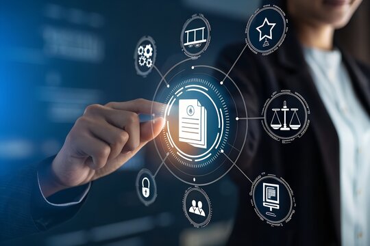 Compliance rules and law regulation policy concept. Businessman touch compliance icons on virtual screen for enforcement of laws, regulations, and standards.