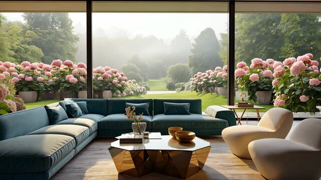 Luxurious modern living room with large glass walls overlooking a lush garden filled with blooming pink hydrangeas. Elegant furniture and natural light create a serene, stylish interior space.