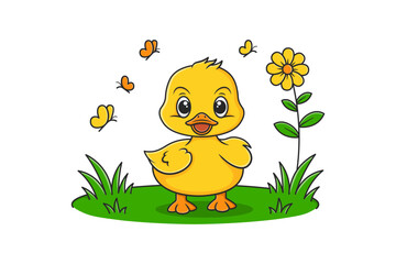 Cute Cartoon Duck in Garden with Butterflies and Flowers
