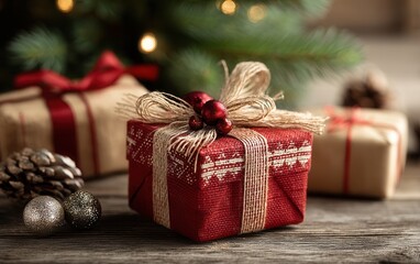 Two neatly wrapped gifts in red and white paper with bows on a white background, studio lighting.