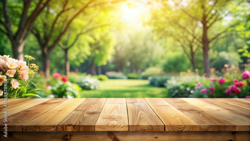 Poster serene garden vista with empty wooden tabletop perfect for product display or springtime advertiseme