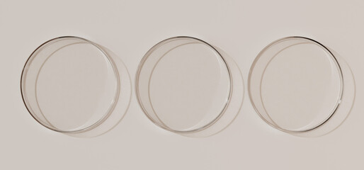 empty glass petri dishes arranged in row, top view flat lay on a neutral beige background. Backdrop for scientific, laboratory, research, or minimalist design concepts with ample copy space.