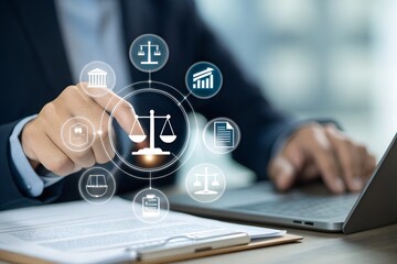 Compliance rules and law regulation policy concept. Businessman touch compliance icons on virtual screen for enforcement of laws, regulations, and standards.