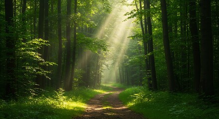 Naklejka premium Sunbeams Illuminating a Forest Path