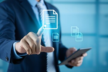 Compliance rules and law regulation policy concept. Businessman touch compliance icons on virtual screen for enforcement of laws, regulations, and standards.