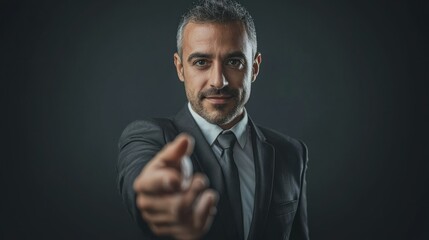 Obraz premium A man in a suit pointing at the camera with his index finger.