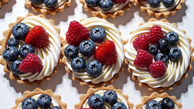 Delectable berry tarts with whipped cream topping displayed in rows under sunlight