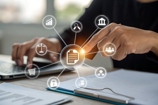 Compliance rules and law regulation policy concept. Businessman touch compliance icons on virtual screen for enforcement of laws, regulations, and standards.