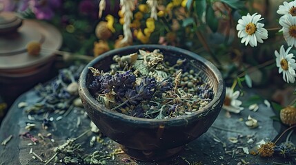 Close up of a wooden bowl filled with dried lavender and other herbs with flowers in the background