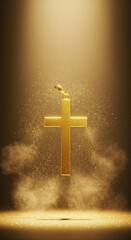 Gold cross illuminated by light in a misty background  