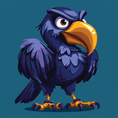 Grumpy Cartoon Crow With Angry Expression And Yellow Beak On Blue Background For Childrens Designs