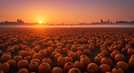 Obraz premium A Bountiful Pumpkin Patch at Sunrise, Silhouetted City in the Background