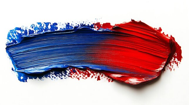 Closeup of textured red and blue paint stroke on a white background artistic backdrop painting technique vivid colors
