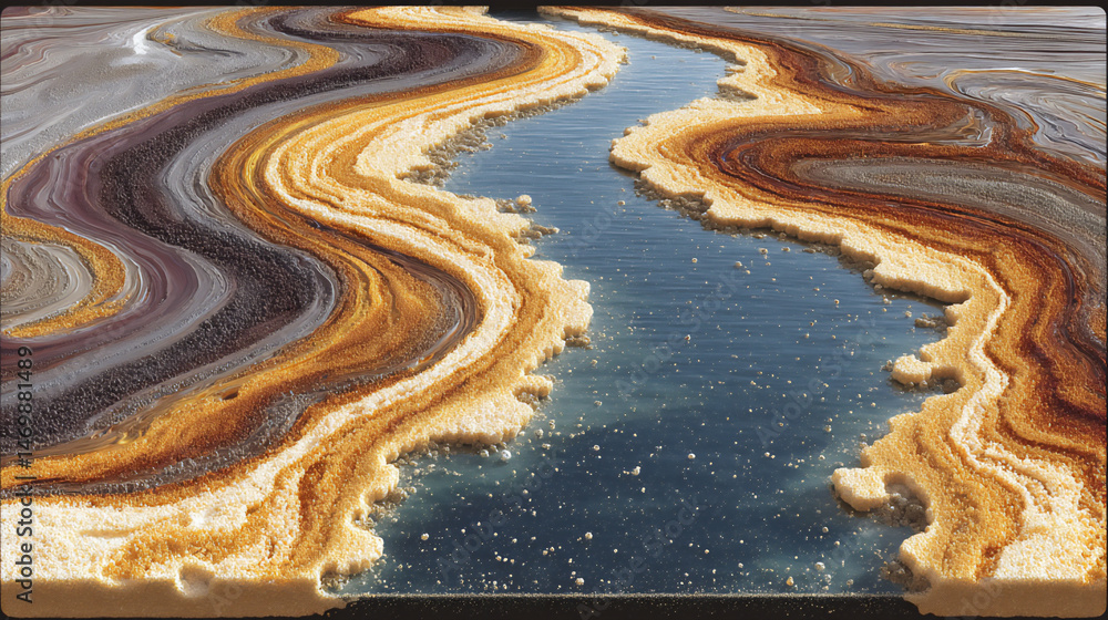Poster a close-up 3d render of a coffee surface transformed into a miniature golden landscape with swirling