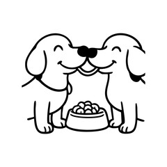 Two dogs eating opposite ends of a spaghetti noodle, eyes meeting, playful and sweet.