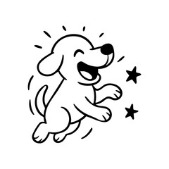 A dog mid-run with wide eyes and open mouth, eagerly chasing a flying ball, captured with energetic thin lines.