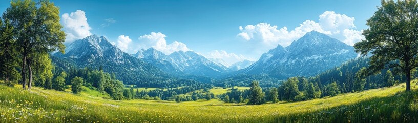 Obraz premium Scenic alpine meadow beneath snow-capped mountains.
