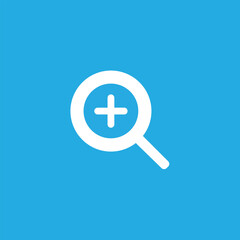 Fototapeta premium Magnifying glass icon with a plus symbol on a blue background, representing zoom, search, or enlargement functions in user interfaces and digital design elements.