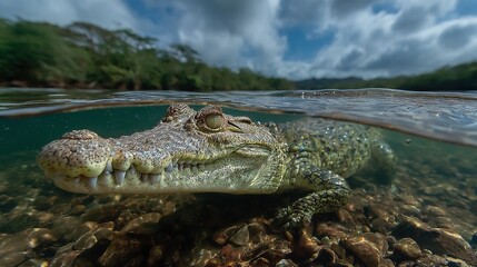 Obraz premium Fierce Crocodile with Head Out of Water in Australian River, Surrounded by Green Vegetation