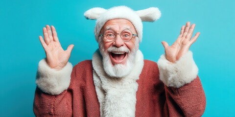 Obraz premium Giraffe wearing a red Santa Claus costume with raised hands on a white background, festive holiday concept.