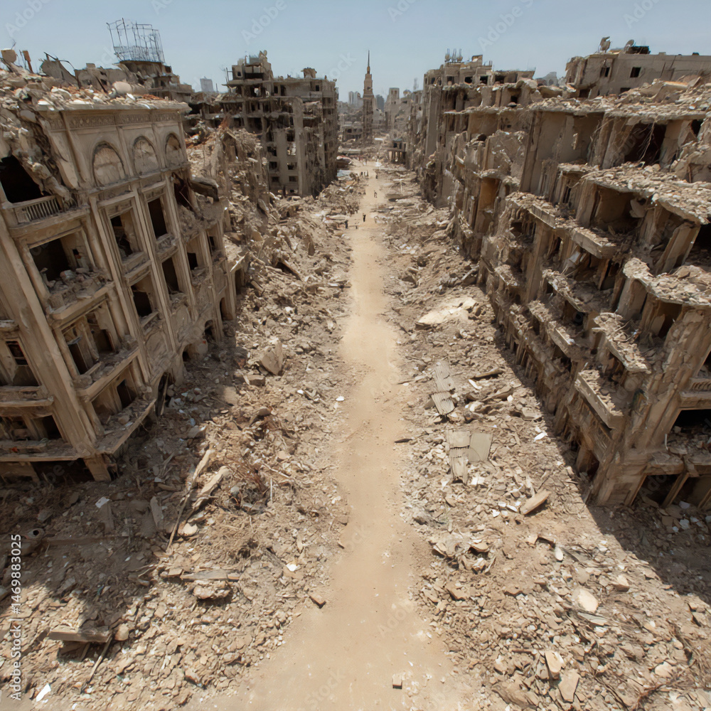 Poster a wide shot of a city street heavily damaged by an explosion, showing collapsed structures and a des