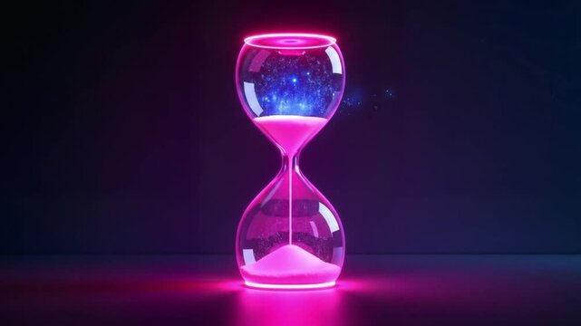 Neon hourglass with falling sand against a dark background  