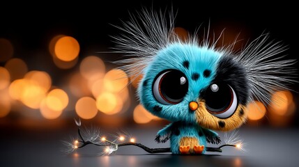 Naklejka premium Adorable, fluffy cartoon owl with big eyes and bokeh background