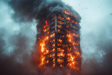 Catastrophic building fire erupting in upper floors with falling debris and heavy flames high resolution photo