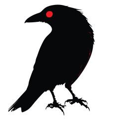 Raven Silhouette With Red Eye Vector Illustration Isolated On White Background For Halloween Or Dark Theme Designs