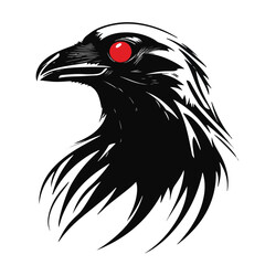 Raven Head With Striking Red Eye Artistic Vector Illustration On White Background