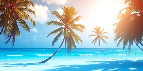 Beautiful sunrise over the sea.Tropical beach with palm trees and sea - summer resort at sunset. Closeup sea sand beach. Panoramic beach landscape. Inspire tropical beach seascape horizon. Orange and 