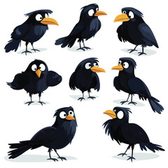 Cartoon Illustration Of Multiple Black Crows With Yellow Beaks On A White Background Funny Birds