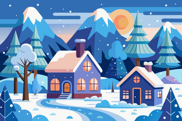 winter landscape with houses and trees